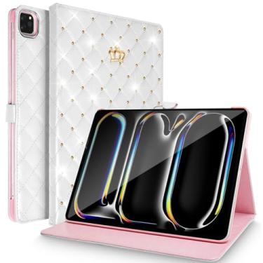 Imagem de AuroiCCY Capa para iPad Pro 27.9 cm (M4) 2024, couro PU à prova de choque inteligente despertar/hibernar, vários ângulos de visão, coroa de meninas e mulheres, lindo suporte de diamante, capa fólio