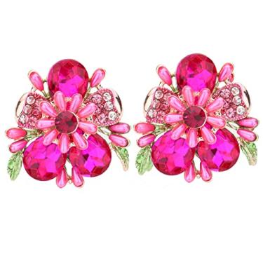 Imagem de Rosemarie & Jubalee Brincos femininos deslumbrantes em forma de gota de cristal e pétalas de pavimentação com imitação de pérola com clipe de flor, 4,4 cm, Metal Vidro, Cristal Pérola