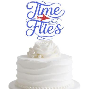 Imagem de Time Flies Cake Topper, Baby's 1st 2nd 3rd Birthday Party, Baby Shower, Aviator Adventure Themed Birthday Party Decorations Blue Red Glitter