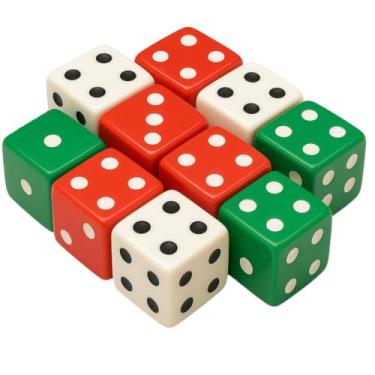 Imagem de Dados Coloridos 6 Lados 12 Peças Verde, Vermelho E Branco
