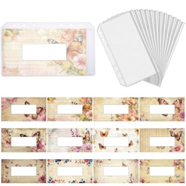 Imagem de CRASPIRE 12 envelopes transparentes para fichário A6 para dinheiro, 10 x 18 cm, bolsos com zíper e cartões de borboleta, 6 argolas, capa para fichário para planejamento de orçamento, organizador de