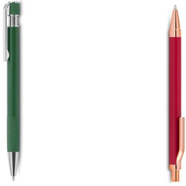 Imagem de Caneta esferográfica com corpo em alumínio reciclado, acionador e clipe cromado, escrita em tinta azul. Refil substituível tipo Parker. (Verde e Vermelho)