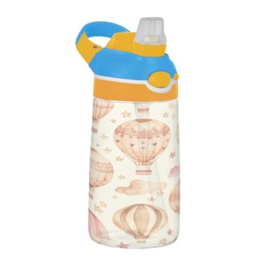 Imagem de Blueangle Garrafa de água com balões de ar quente em aquarela de 473 ml, garrafa de viagem e esportes Tritan reutilizável com canudo e design de tampa de bico pop-up (444)