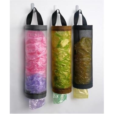 Imagem de 3 peças de plástico organizador de sacos de lixo organizador de malha pendurado armazenamento reciclagem lixo dobrável suporte com ganchos