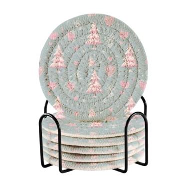 Imagem de Blueangle Porta-copos de árvore de Natal rosa de 6 peças - tecido redondo super absorvente para proteção de mesa e decoração de casa (247)