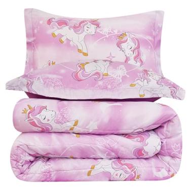 Imagem de Yibeizi Conjunto de edredom infantil de unicórnio para meninas solteiras, fofo, reversível, acolchoado, com estampa de lavanda, com fronha, leve, macio, respirável, lavável à máquina, conjunto de 2 peças