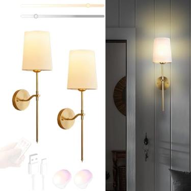 Imagem de LED apliques de parede recarregáveis bateria sombra de tecido candeeiros de parede com controlo remoto regulável magnético iluminação para quarto sala de estar escadas (cobre branco, 2 peças)