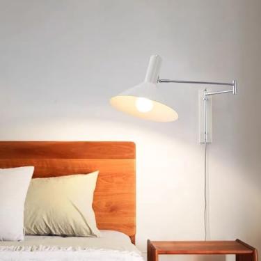 Imagem de GZZBMY E27 Apliques de parede com interruptor e tomada moderna vintage candeeiros de parede com braço articulado giratório iluminação de leitura para sala de estar quarto cabeceira (branco)