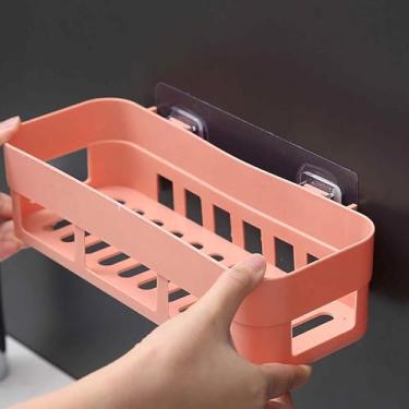 Imagem de Cesta organizadora de banheiro de plástico montada na parede para cosméticos, artigos de higiene pessoal, xampu