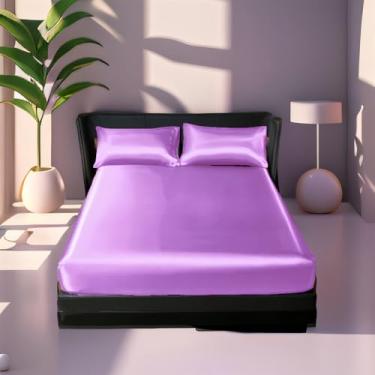 Imagem de XLCZMYL 3 peças de lençol de cetim cor sólida e fronha de colchão ajustável de luxo 4 cantos com elástico, 02, solteiro 99 x 190 cm