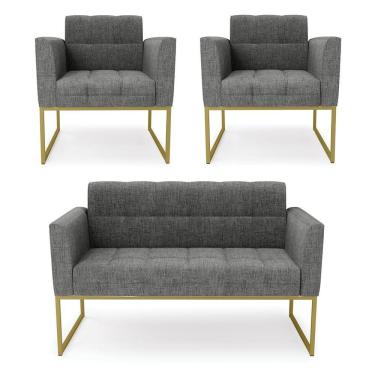 Imagem de Kit 1 Sofá Namoradeira E 2 Poltronas Elisa Linho Grafite A26 Base Metálica Industrial Dourada