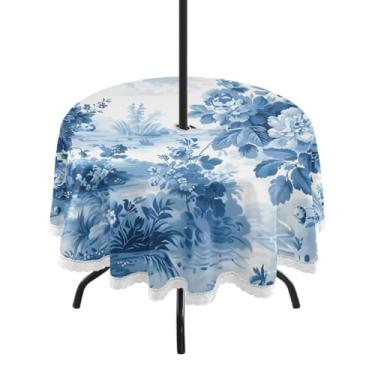 Imagem de CEBUGI Toalha de mesa redonda para uso ao ar livre, azul, branca, impermeável, com furo Umberlla, capa de mesa lavável para pátio, cozinha, sala de jantar, 152 cm