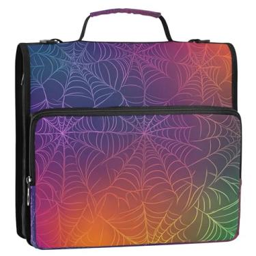 Imagem de CEBUGI Fichário de 3 anéis com zíper com alça de ombro, pasta de arquivo expansível de 3,8 cm, anéis D, para escola, escritório, teias de aranha coloridas de arco-íris