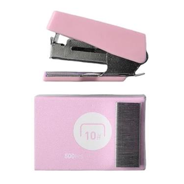 Imagem de Mini conjunto de grampeador portátil criativo metal plástico escritório grampeador de mesa com grampos para uso em escritório escolar (Rosa)