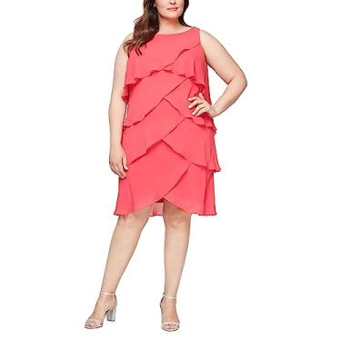 Imagem de S.L. Fashions Vestido feminino plus size sólido com várias camadas adornado no ombro, Cereja brilhante, 54