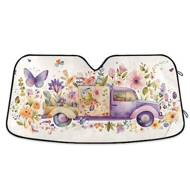 Imagem de Guarda-sol automotivo amarelo e roxo com borboletas e flores, proteção UV, para-sol dobrável para janela de carro, bloqueador solar para carro