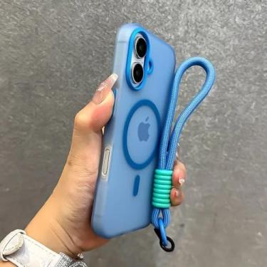 Imagem de Capa com cordão em contraste de cores doces para iPhone 16, 15 Pro Max, 14 Plus, 11, 12, 13 e 16e, alça de pulso, capa macia fosca, azul-claro, para iPhone 16 Pro Max