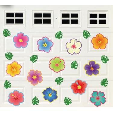 Imagem de JarThenaAMCS 24 peças de ímãs florais luau hibisco para porta de garagem flor havaiana folha de palmeira adesivos magnéticos de geladeira para decoração de festa de verão tropical em casa