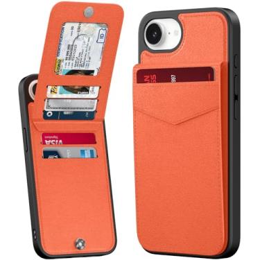 Imagem de Bemal Capa carteira para iPhone 16e, suporte embutido para 6 cartões, bloqueio RFID, suporte de couro PU, fecho magnético, capa de telefone durável à prova de choque para mulheres e homens, laranja