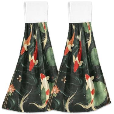 Imagem de TSENQUE Toalhas de mão para pendurar no outono, pintura em estilo japonês, Koi Fish, conjunto de 2, toalhas de mão de cozinha fofas ultra absorventes, 46 x 35 cm