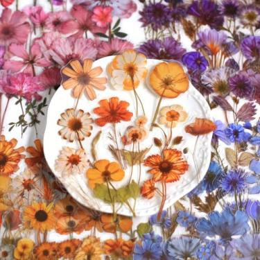 Imagem de 50 adesivos florais para álbuns, PET transparente com acentos, decalques de flores vibrantes, tipos de pétalas de cores sortidas, adesivos de scrapbook, acessórios de diário (amarelo)
