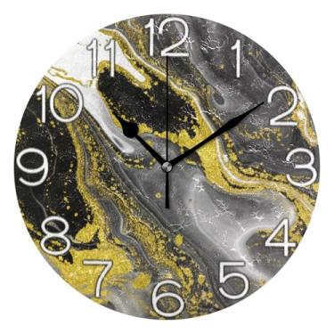 Imagem de GAIGEO Relógio de parede com textura de mármore preto dourado analógico decorativo relógio de cozinha rústico funky alimentado por bateria, arte de parede boho decoração de casa, 25 cm, ponteiros