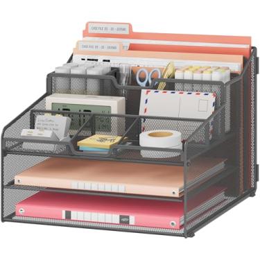 Imagem de Lavatino Organizador de arquivos de papel de mesa – malha de metal com 2 bandejas de letras, 7 divisórias flexíveis, 2 suportes de pasta de arquivo verticais para escritório/casa/material de sala de