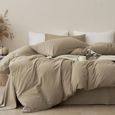 Imagem de JELLYMONI Capa de edredom tamanho solteiro - capa de edredom de algodão lavado com textura de linho, roupa de cama respirável e macia para casa moderna, quarto de hóspedes e uso diário, cáqui
