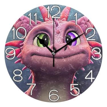 Imagem de GAIGEO Relógio de parede analógico decorativo escritório cozinha relógio redondo sem tique-taque silencioso, decoração de sala de estar, arte moderna, dragão rosa fofo, 25 cm, ponteiros dourados