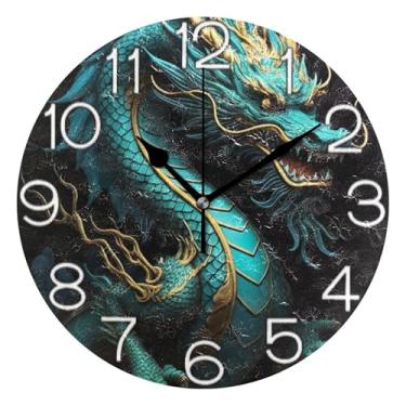 Imagem de GAIGEO Relógio de parede decorativo analógico quarto cozinha relógio redondo sem tique-taque silencioso, decoração de parede moderna para sala de estar, dragão chinês azul preto legal, 25 cm