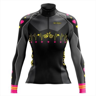 Imagem de Camisa Ciclismo Feminina Manga longa Bike Coração Preta-Feminino