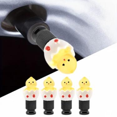 Imagem de Xalvoria Pacote com 4 tampas de haste de válvula de galinha de casca de ovo amarelas com base preta feita à mão para válvulas Schrader, acessório divertido e exclusivo para carros e bicicletas