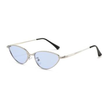 Imagem de Óculos de Sol UV400 - Armação Pequena em Metal, Formato Olho de Gato, Lentes Degradê para Homens e Mulheres, Ideal para Esportes ao Ar Livre, Corrida e Ciclismo, Prata e Azul