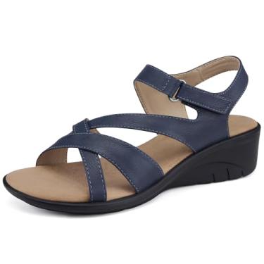 Imagem de SHIBEVER Sandálias femininas estilosas: sandálias femininas confortáveis - verão bico aberto casual caminhada baixa, 34-azul escuro, 34