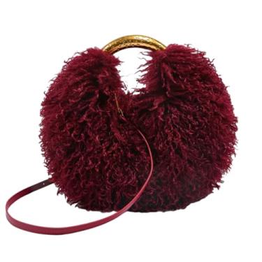 Imagem de XinYiQu Bolsa de ombro feminina redonda de pele sintética fofa grande e peluda da Mongólia, Vinho tinto