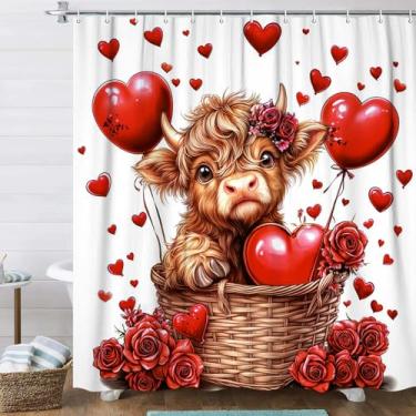 Imagem de JAWO Cortina de chuveiro dos namorados, cortina de banho de vaca Highland Dia dos Namorados, romântica rosa vermelha flor floral amor corações cortinas de chuveiro para decoração de banheiro com