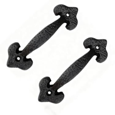 Imagem de Pacote com 2 puxadores de gaveta de ferro fundido rústicos pretos - Puxadores de armário vintage de cozinha vintage resistentes de 16,7 cm com ferragens, puxadores antigos ocos para porta de celeiro