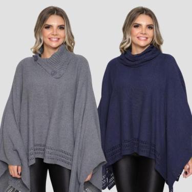 Imagem de Kit 2 Poncho Feminino Tricot Mousse Liso Gola Alta Casaco Lã - EXPOSIÇ