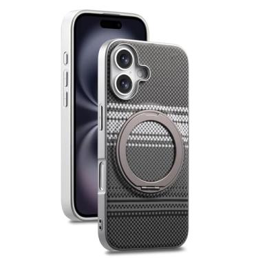 Imagem de Capa fina para iPhone 17/17 Air/17 Pro/17 Pro Max com tampa giratória de suporte de anel de metal capa magnética antiderrapante padrão de fibra de carbono (cinza, 17)