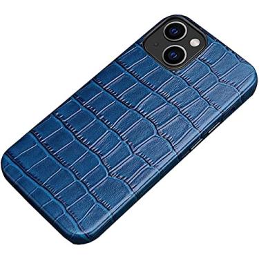 Imagem de BKUANE Capa para Apple iPhone 14 Plus (2022) 6,7 polegadas, capa de telefone traseira com padrão de crocodilo de couro genuíno com forro de microfibra (cor: azul)