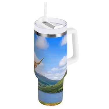 Imagem de SEHANY Copo Highland Cow de 1,134 g com alça, copos isolados de aço inoxidável a vácuo de parede dupla, à prova de vazamento, caneca de café isolada para viagem, cabe no suporte de copo de carro