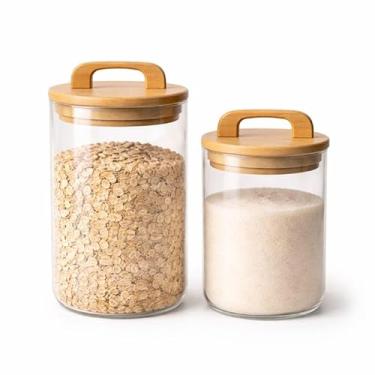 Imagem de Kit Premium 2 Potes Herméticos De Vidro Com Tampa De Bambu 500ml+900ml Armazenamento De Cerais Grãos SnacKs E Diversos Tipos De Alimentos Organização de Cozinha