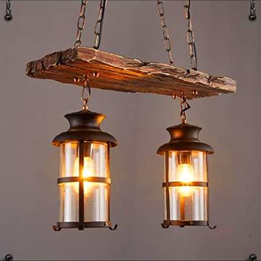 Imagem de Luminária pendente de madeira, estilo vintage, industrial, preta, lustre retrô de metal, altura ajustável, lâmpadas E27, para sala de estar, sala de jantar, cozinha, bar, mesa de jantar, com