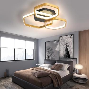 Imagem de Luminária de teto moderna e minimalista com LED dimerizável e controle remoto. Luminária circular para sala de estar e quarto com design criativo em metal e acrílico (dourada, 3 braços).