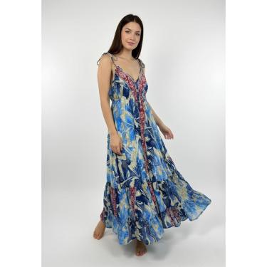 Imagem de Vestido Longo Indiano Azul Rosa Feminino Estampado Confortável Elegante-Feminino