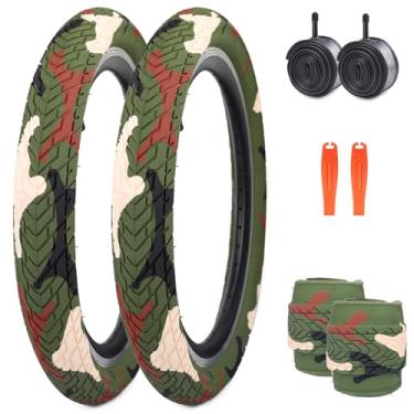 Imagem de FOMAS Pneu infantil de 50,8 x 6 cm colorido antiderrapante dobrável para todos os terrenos com alavancas para bicicleta dobrável BMX Mountain (Camougreen - 2 pacotes com tubos internos, 50,8 x 6 cm)