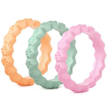Imagem de Anel de casamento de silicone projetado pela Rinfit para mulheres, conjunto de anéis finos e empilháveis. Pacote com 3 anéis. Alianças de casamento de borracha macia e confortáveis., Pastel: Pink, Green, Peach, Size 7
