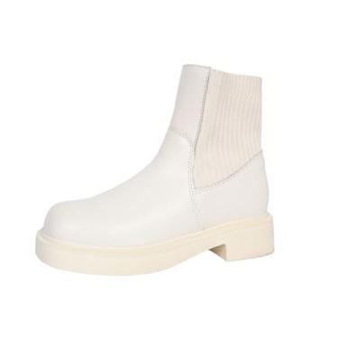 Imagem de Bota feminina de bico quadrado com manga e salto baixo grosso para uso casual primavera verão, Bege, 38