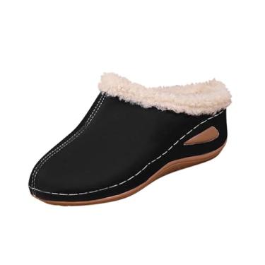 Imagem de Chinelo feminino casual versátil forrado quente plus size uma tira salto plataforma sandálias de sola grossa outono inverno, Preto, 35
