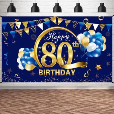 Imagem de Decorações de banner de aniversário Kauayurk Blue Gold 80th Masculinas